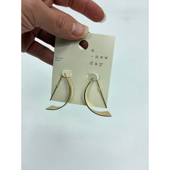 A New Day Curved Dangle Earrings Gold Tone Nickel Free 2 inch - Picture 2 of 5